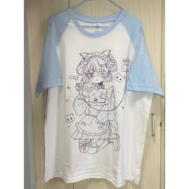 Женская футболка составного кроя с коротким рукавом голубая Повседневная