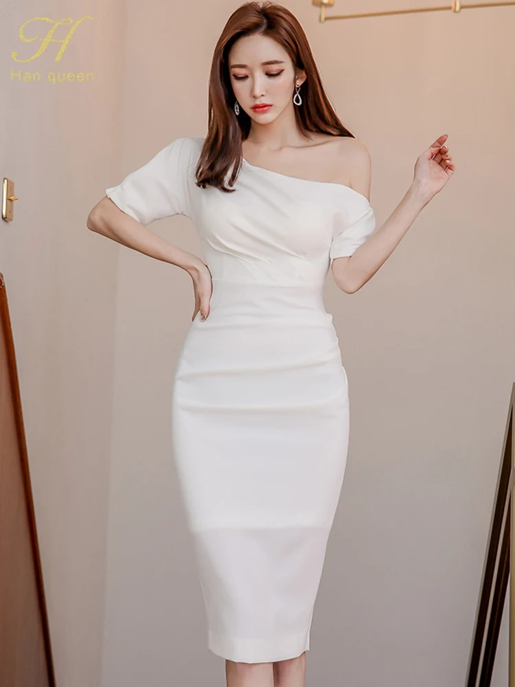 

H Han Queen Hot Sales Women's Simple One Shoulder Bodycon Dresses Pencil Sheath Dress Elegant Korean Chic Party Office Vestidos