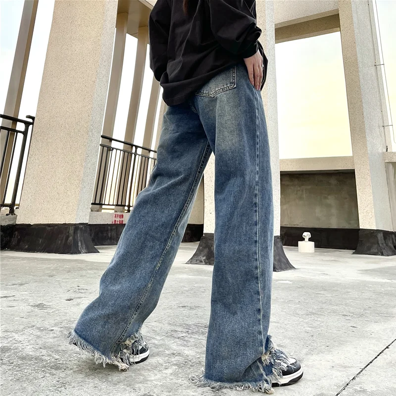 Streetwear Men American Vintage Loose Blue Jeans 2022 Autumn and Winter New Style Pattern BurrStraight Cylinder Trousers Female