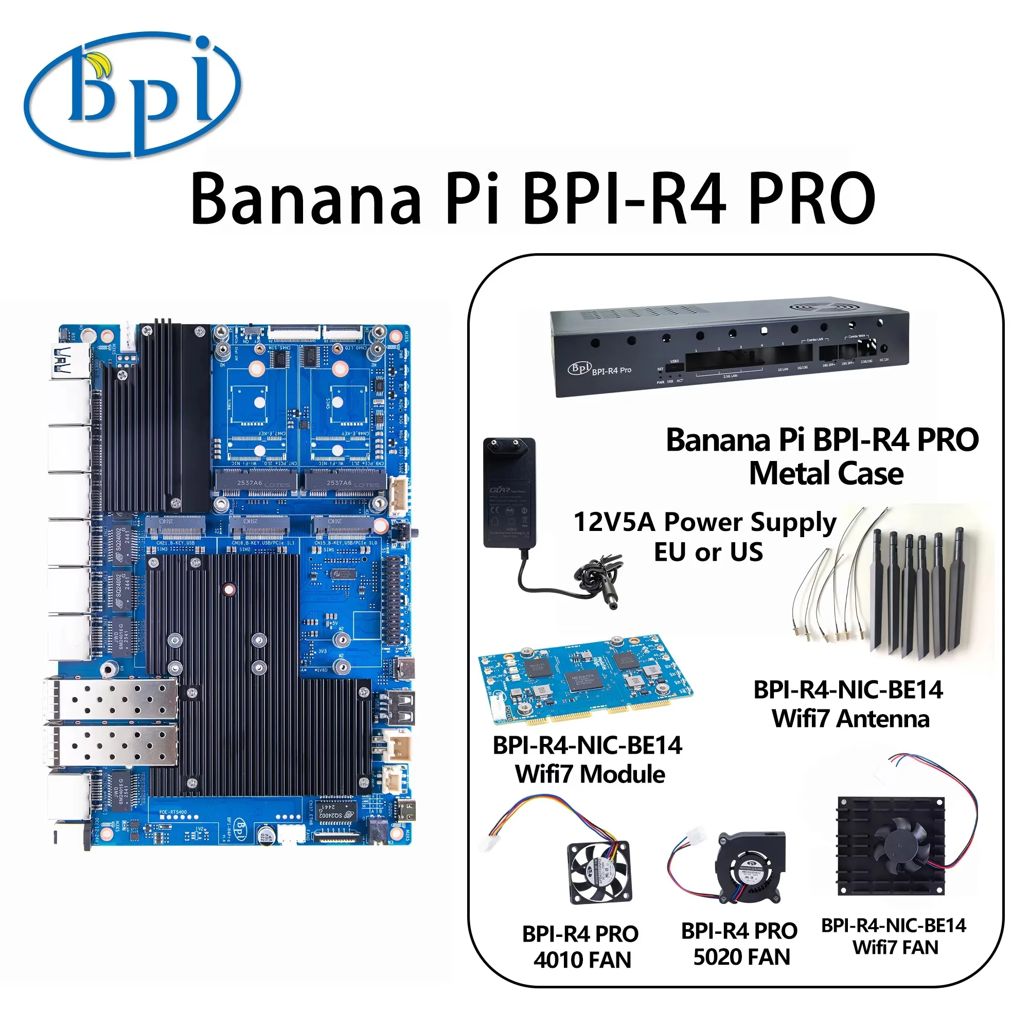 Фото Комплект SmCpBanana Pi BPI-R4 PRO с корпусом, блоком питания и вентилятором, MediaTek MT7988A, четырехъядерный процессор Arm Cortex-A7, 8 ГБ DDR4, 8 ГБ EMMC, маршрутизатор №2