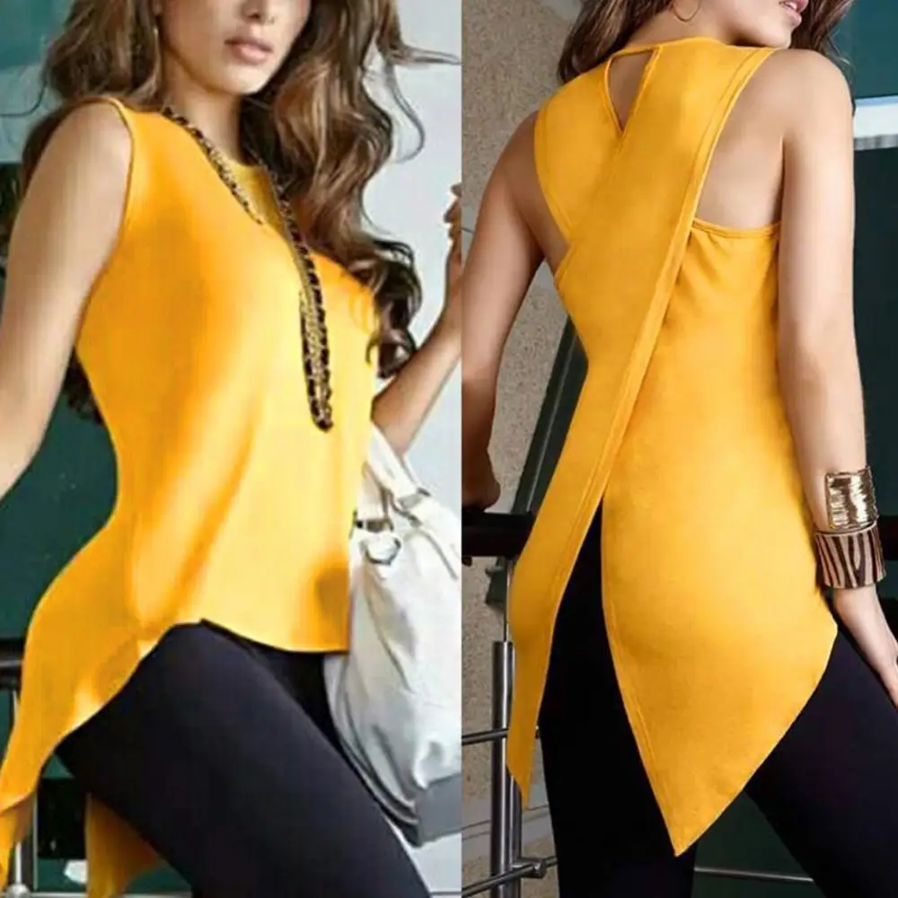

Women Summer Fashion Solid Color Sleeveless Irregular Cross Back Vest Tank Top