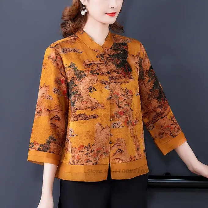 

2022 chinese vintage qipao cheongsam shirts flower printing vintage loose blouse female traditional elegant oriental tang suit