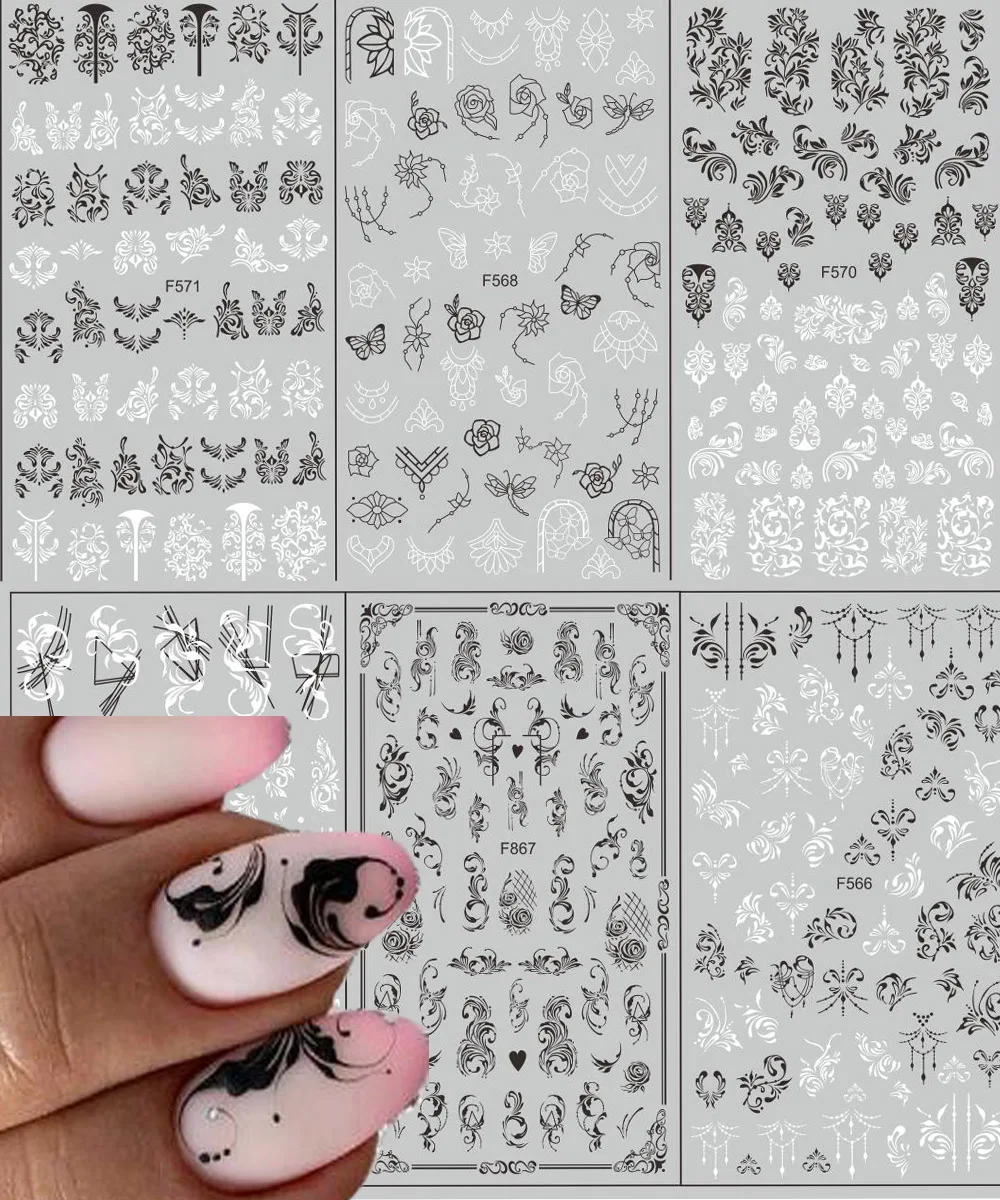 

6pcs Black White Leaves Flower 3D Nail Stickers Tropical Plants Mandala Leaf Geometry Nail Decals Nail Art Manicure Sliders
