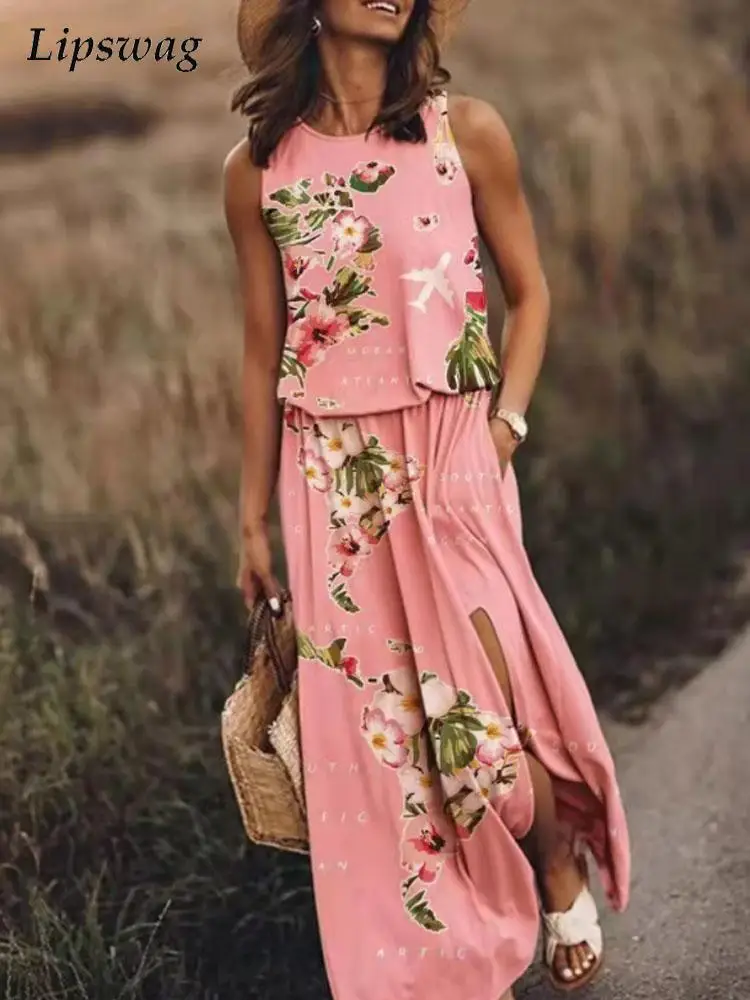 

Женское платье с цветочным принтом и круглым вырезом, без рукавов