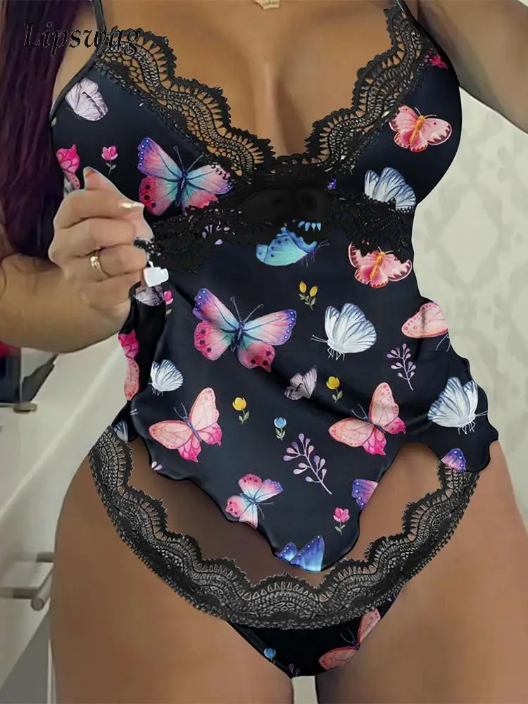 

2022 Fashion Butterfly Print Sexy Suspender Two Piece Set Women Elegant Lace Bra Straps Pajamas Chic Ladies Sleeveless Sleepwear