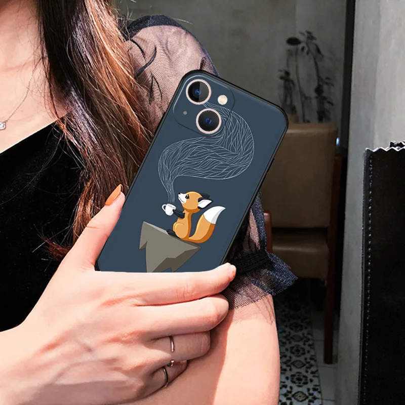 Silicone Black Phone Cases Cover for iPhone 11 14 Pro Max 12 13 Mini XR SE 7 8 6 6s Plus XS X SE3 11Pro Cartoon Raccoon Snow Fox
