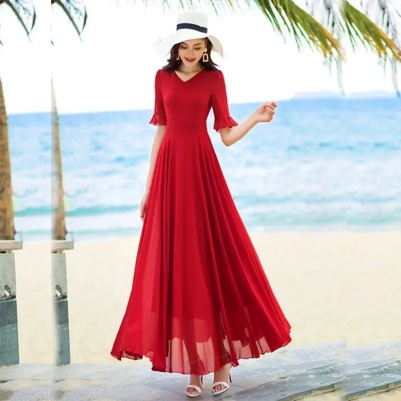 Summer Half-Sleeve Shirt Long Expandable Chiffon Dress Beach Dress Woman Dress Vestido De Mujer Femme Robe