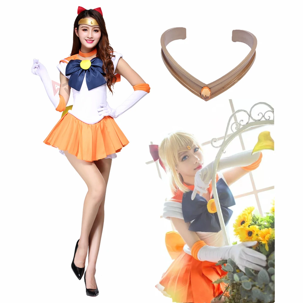 

Anime Sailor Minako Aino Sailor Venus Cosplay Costume Custom Made Dress Bows Headband Gloves Hairpin For Kids Adult Plus Size