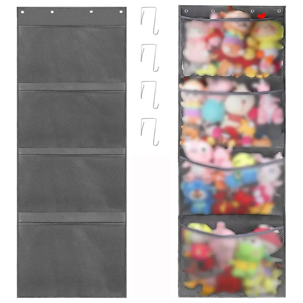 

Gray Stuffed Animal Storage Reusable Four-layer with Metal Hook Mesh Bag Hanging Large Toy Organizer Doll Bear Supplies