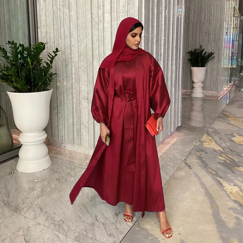 2pcs Fashionable Muslim Dubai Türkiye Arab Islamic Eid Al-Fitr Women's Comfortable Silk Dress Two-piece Set
