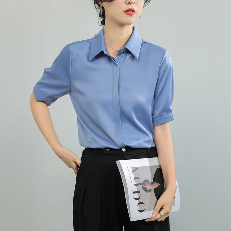 Деловая Синяя Женская рубашка для офиса Модные свободные топы работы шифоновые