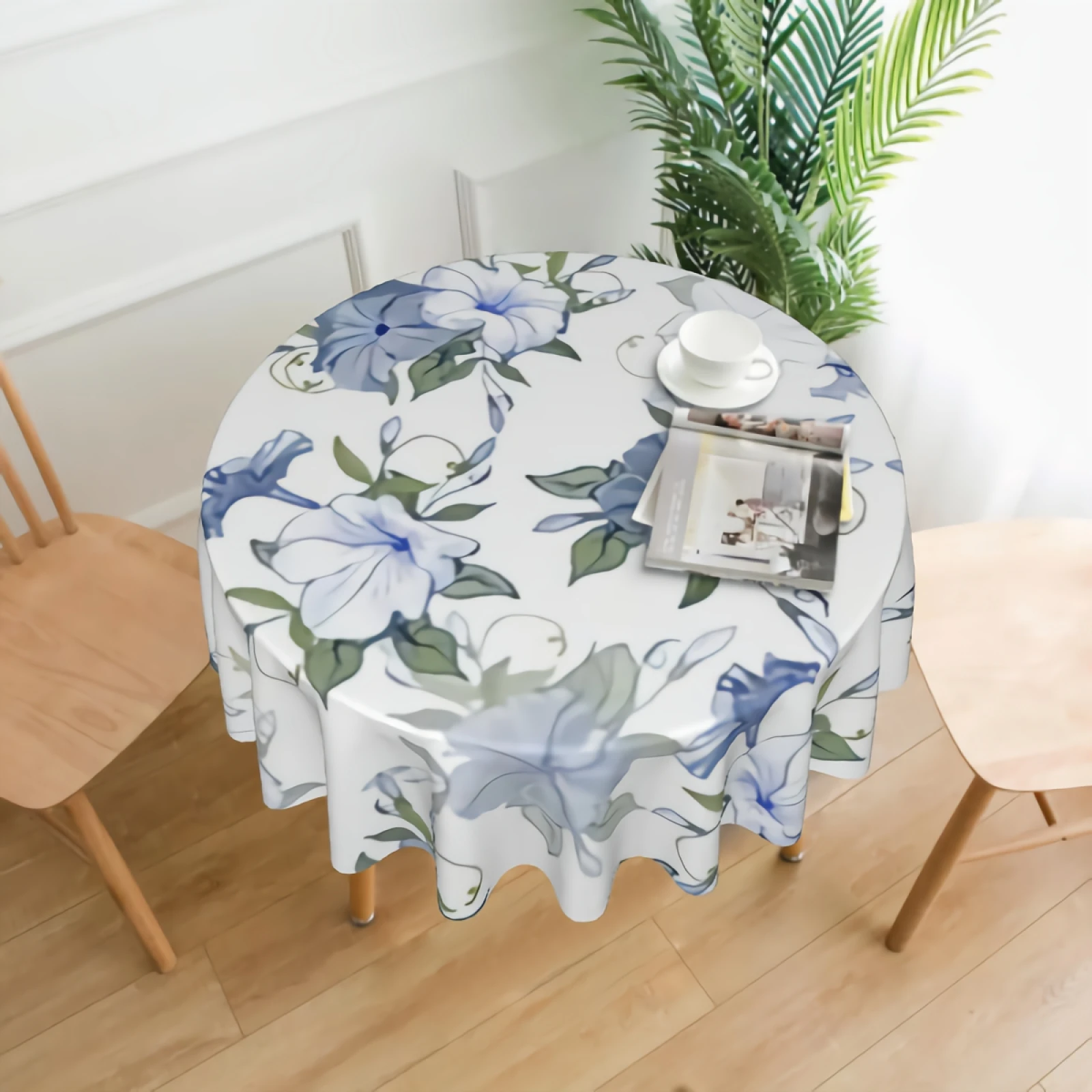 

White And Blue Petunias And Green Leaves Tablecloth Washable Table Cover Cloths for Holiday Kitchen Party Picnic Dining Dec