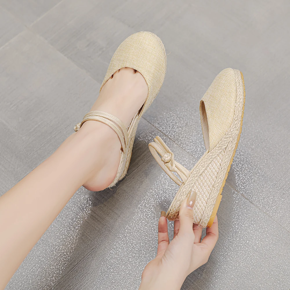 Фото Veowalk Summer Women Plain Linen Wedge Espadrilles Slides 6cm Heel Retro Comfortable Ladies Casual Sandals Mules Shoes Black Red №4