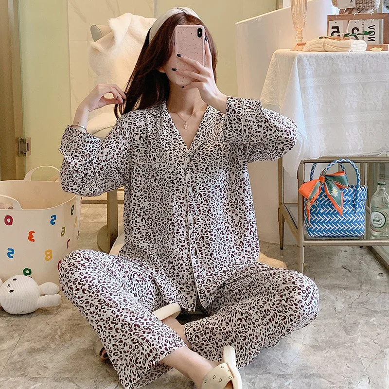 Women's Pajama Long Sleeves Spring Sleepwear Student Silk Leopard Print Sweet  Pajamas Set