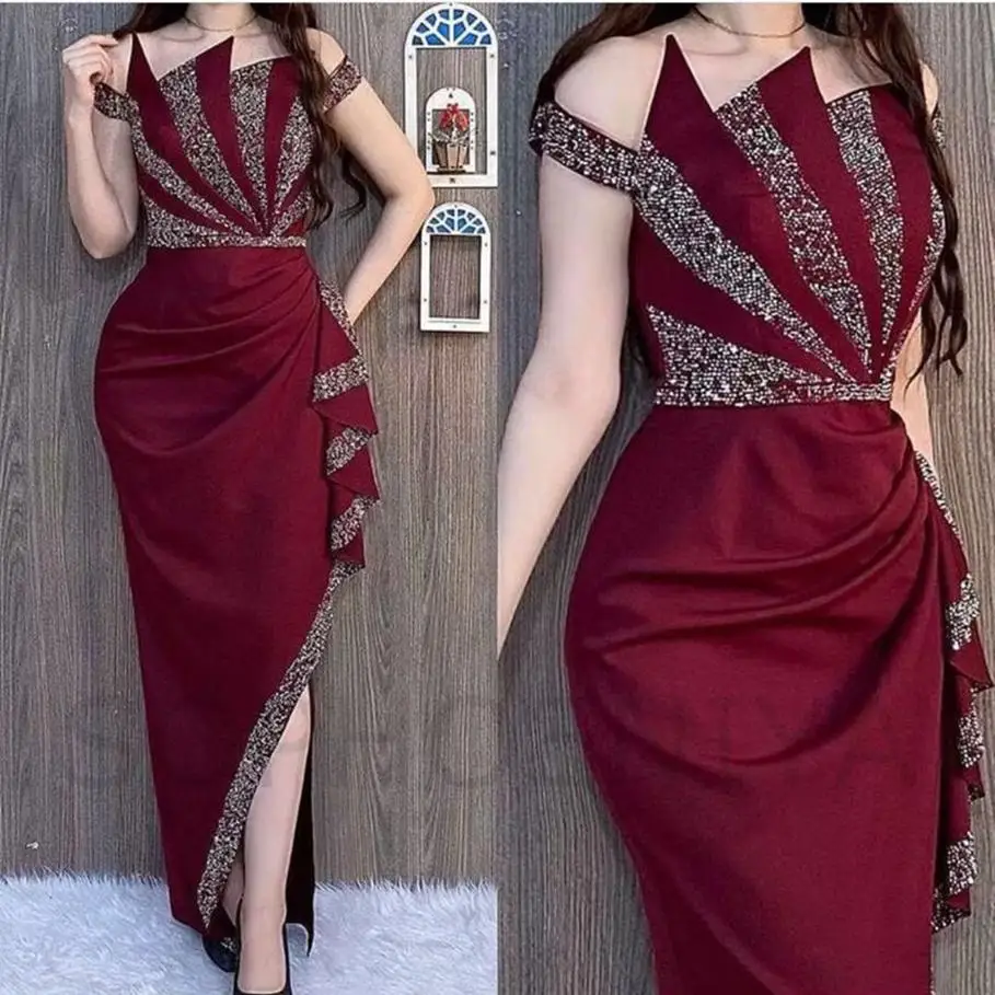 

Formal Evening Dresses Woman Lady Mermaid Off-Shoulder Sleeveless Floor-Length Crystal Sequins Satin Split Front/Side