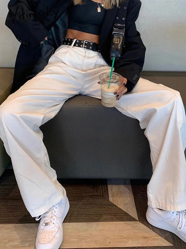 

Yitimoky 2022 Wide Leg Jeans Women Cargo Pants White Pockets Woman Jeans High Waist Streetwear Demin Straight Pants Casual