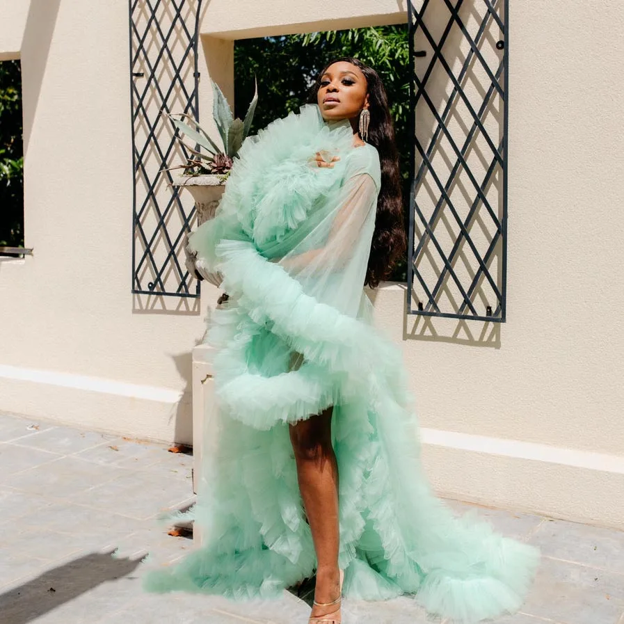 

Sexy See Thru Mint Green Long Gowns Tulle Robe Ruched Tulle Women Dress Maternity Dresses Photography Baby Shower Dress