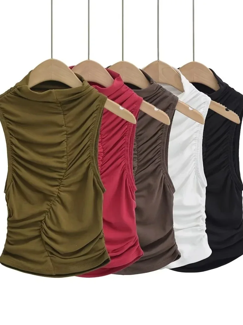 Новый летний плиссированный жилет без рукавов с воротником-стойкой 2024 женский