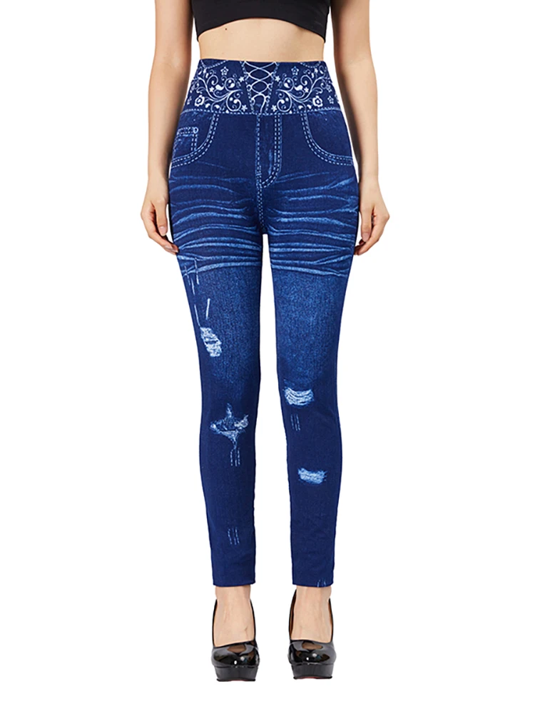 YSDNCHI облегающие леггинсы из искусственного денима с имитацией дыр эластичные