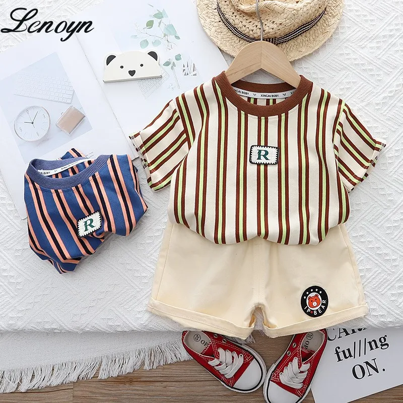 

Lenoyn 2023 Summer New Children's Clothing Boys' Summer Set Handsome Baby Thin Striped Short Sleeve Shorts Two Piece Set