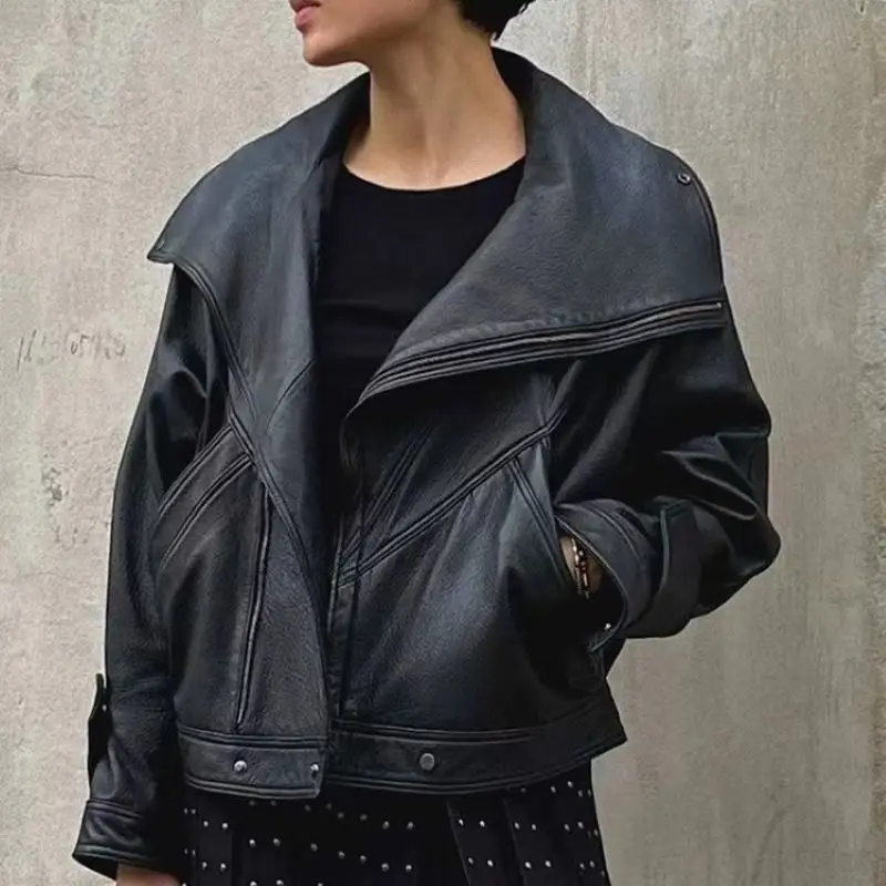 Кожаная куртка женская весна осень личи из овчины с большими лацканами винтажные