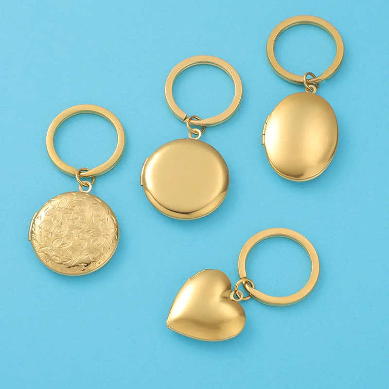 10Pcs/Lot Round Heart Photo Locket Pendant Keychains Mirror Polish Stainless Steel For Lovers Car Key Jewelry