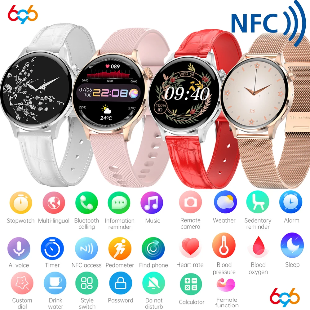 Blue Tooth Call Smart Watch Girl Voice Control NFC Password Unlock Custom Dial Weather Health Body Test Smartwatch For Women Men