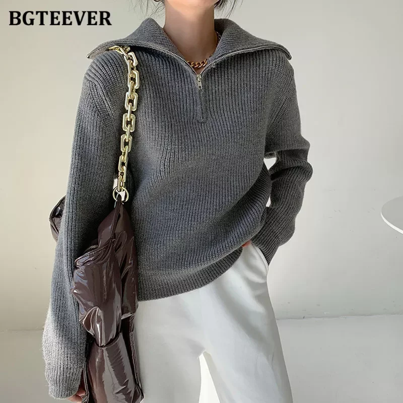 

BGTEEVER Fashion Thick Turtleneck Zipper Pullover Sweaters Women Loose Long Sleeve Female Solid Knitting Jumpers Autumn Winter