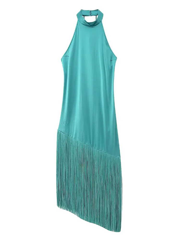 

Halter Tassel Solid Dress For Women Loose Sleeveless Backless Dresses 2023 Summer Fashion Lady Vacation Beach Party Vestido