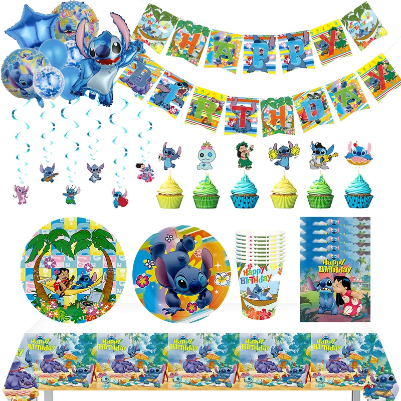 

Украшения для дня рождения Disney Blue Lilo & Stitch, одноразовая посуда, тарелка, воздушный шар, баннер, фон для вечеринки в честь рождения ребенка, подарок для мальчика