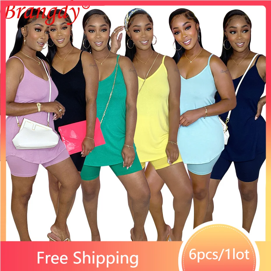 

6sets Wholesale Items for Business Summer Women Tracksuit 2 Piece Set Shorts Outfits Fashion Solid V-neck Sportswear B9594