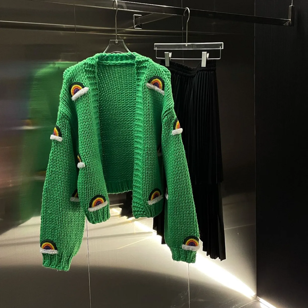2022 New Autumn Winter Fashion Women Knitting Cardigans Coat Coarse Wool Embroidery Rainbow Loose Long Sleeve Green Sweater Top