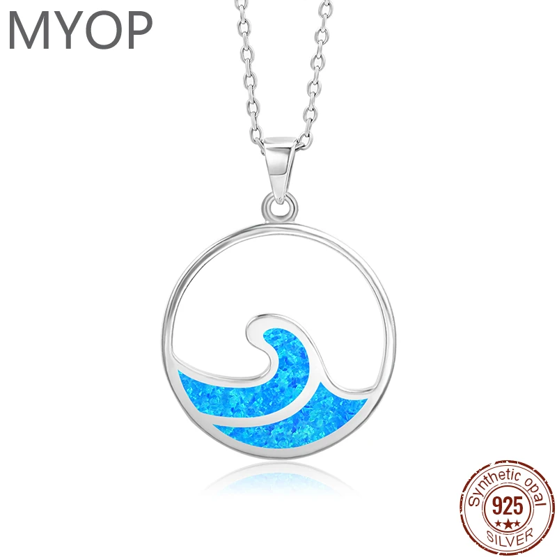 

MYOP 925 Sterling Silver Fire Blue Opal Sea Waves Necklace Pendants Fashion Jewelry For Women