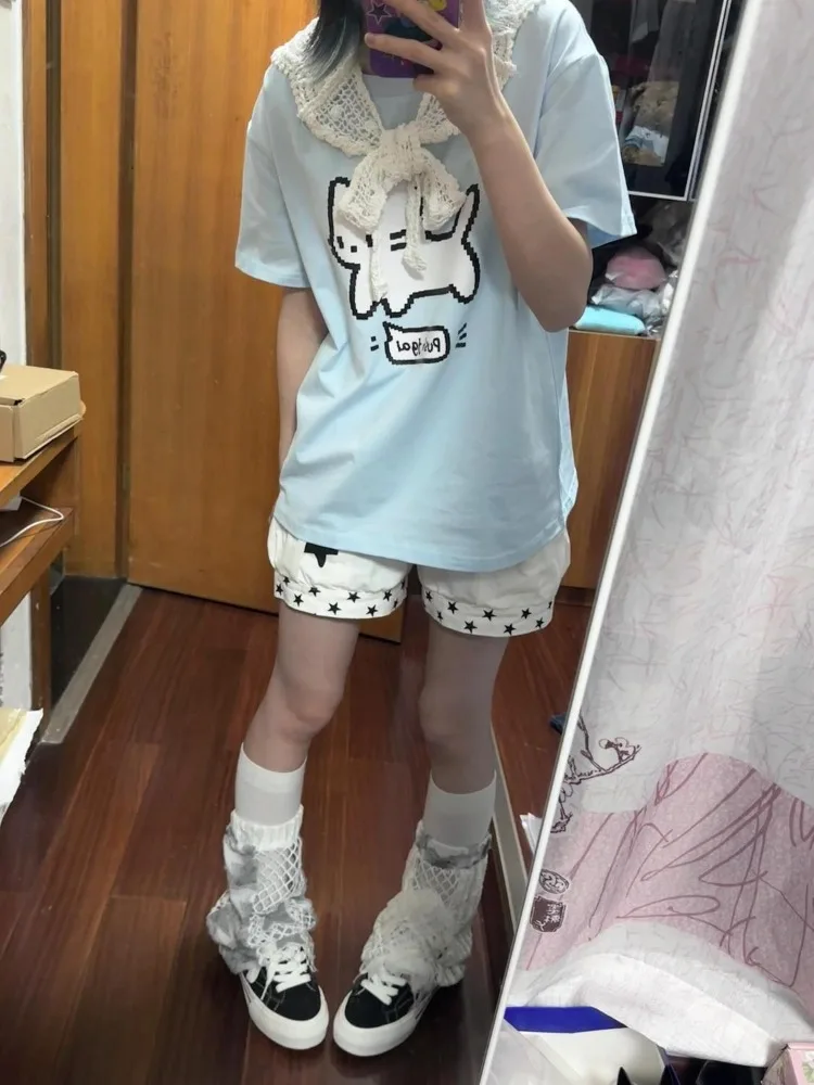 Фото Женские синие футболки HOUZHOU Harajuku Kawaii с принтом кошки, с коротким рукавом, оверсайз, в японском стиле, хлопковые футболки Juminocore №2