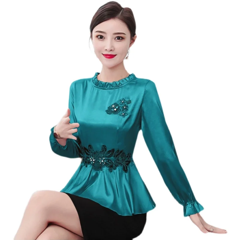 Блузка Женская атласная с длинным рукавом элегантный топ баской рубашка