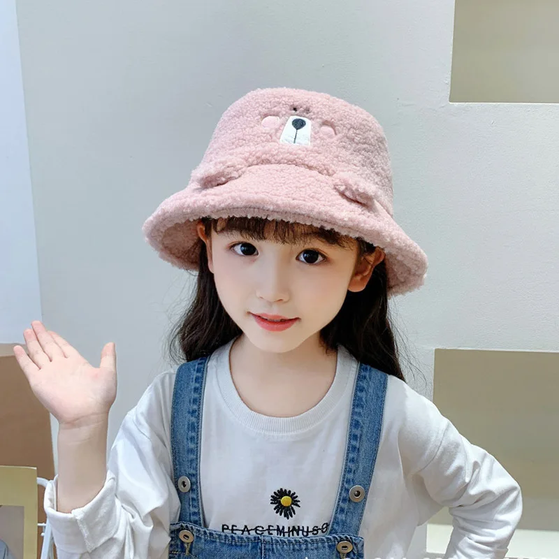 

Winter Children's Bucket Hat Autumn Fashion Lamb Wool Soft Boys and Girls Cute Bear Cap Pink Warm Panama Chapeau