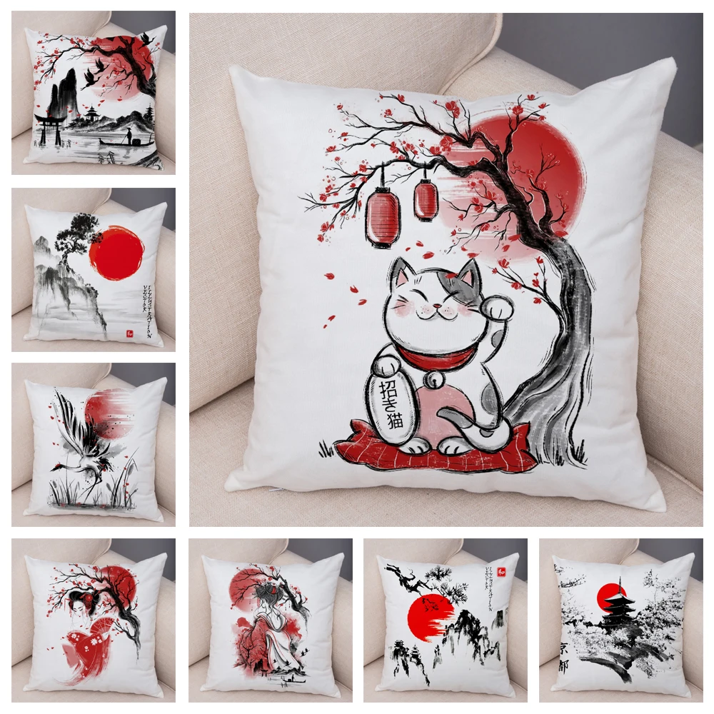 

Japanese Style Ink Pillow Cover Beautiful Decoration Landscape Cat Girl Pillowcase Soft Plush Pillow for Sofa Home Carr