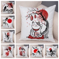 japanese style ink pillow cover beautiful decoration landscape cat girl pillowcase soft plush pillow for sofa home carr
