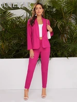 shawl collar open front blazer and slant pocket pants set ladies fashion trend solid temperament 2pcs set high sense career suit