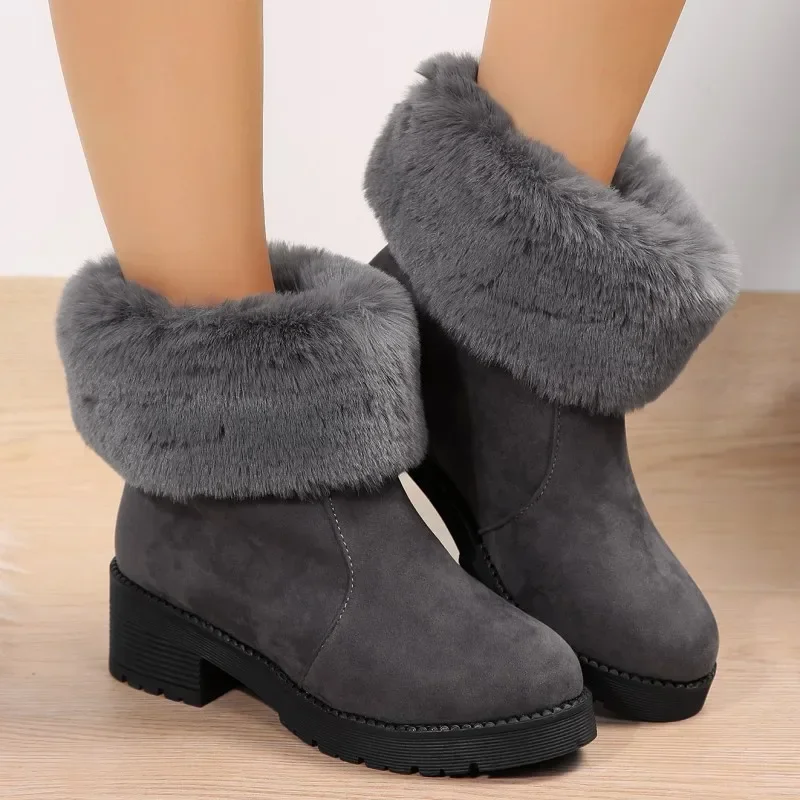 

Ботильоны на среднем каблуке с мехом, зимние теплые ботинки на плоской подошве, новинка 2024, дизайнерские Короткие Плюшевые Ботинки Челси, замшевые повседневные женские ботинки