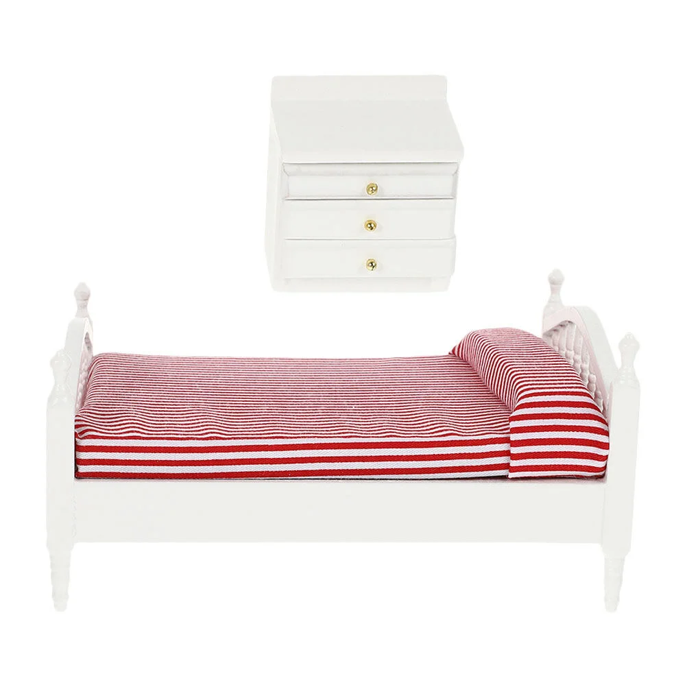 

Dollhouse Double Bed Mini Miniature Wood Bedside Table Model Accessories Home Furniture Furnishing Cosplay