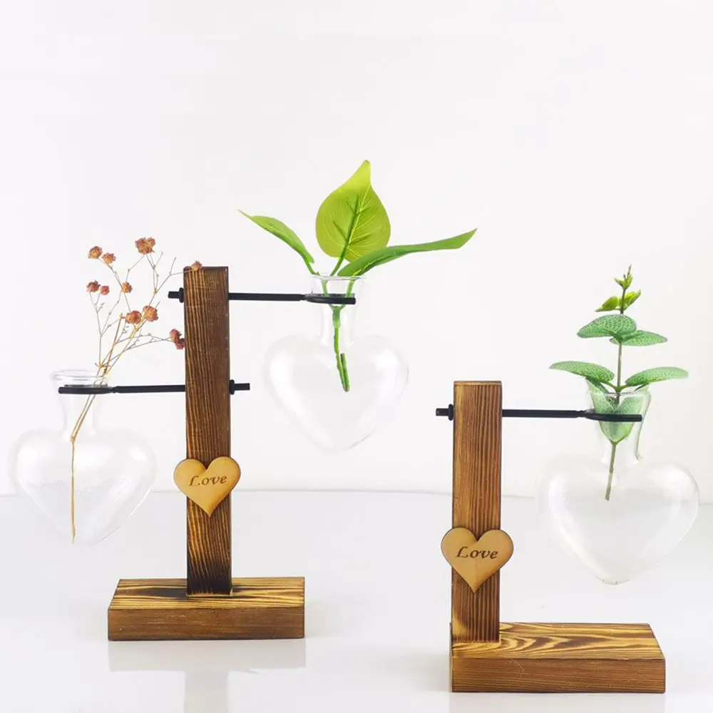 

Wood Frame Tabletop Ornament Love Heart Shape Hydroponic Flower Vase Glass Vase Flower Arrangement Plant Flower Pot