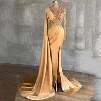 2022 stunning gold yellow evening dresses deep v neck sheer long sleeve beaded crystals luxury party celebrity gowns