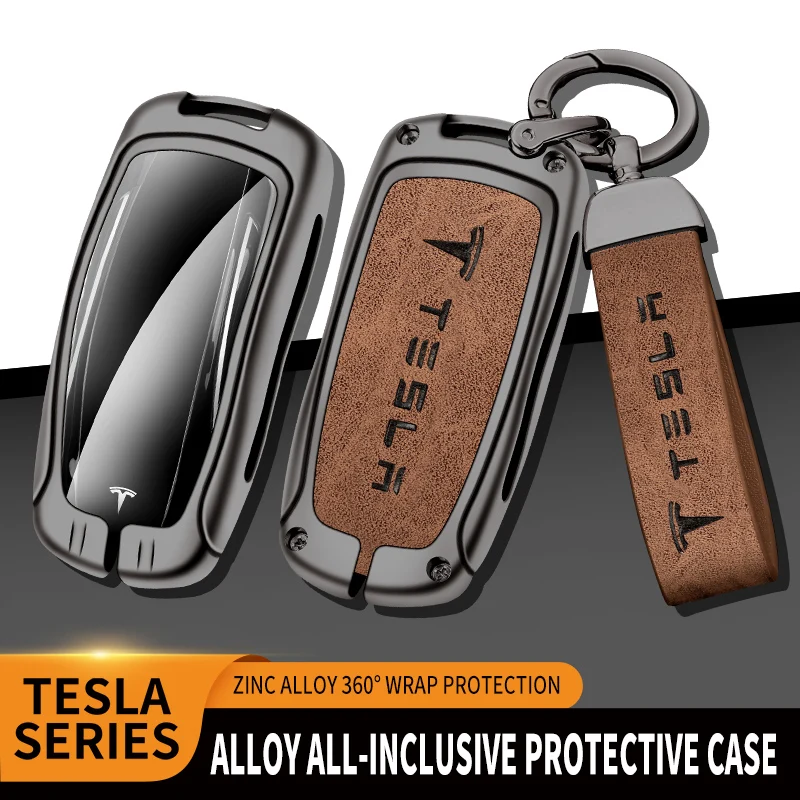 

Zinc Alloy Patterned Leather Car Key Case Shell Auto Key Bag For Tesla Model S Model 3 Model X Model Y Car Key Holder Keychain