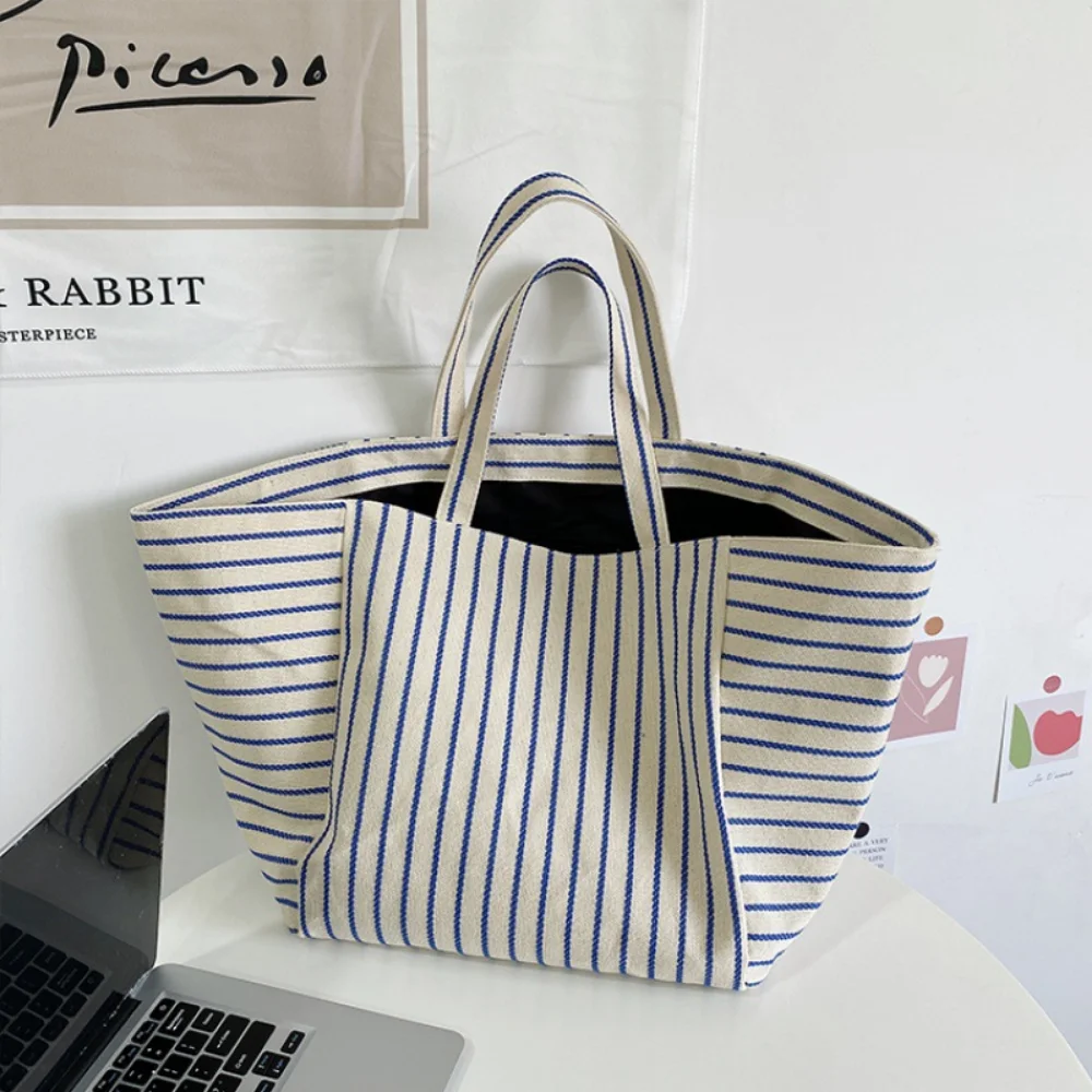 Stripe Canvas Tote Bags Women Luxury Designer Fashion Simple Handbags Female Vintage Versatile Large Capacity Shopping Bags