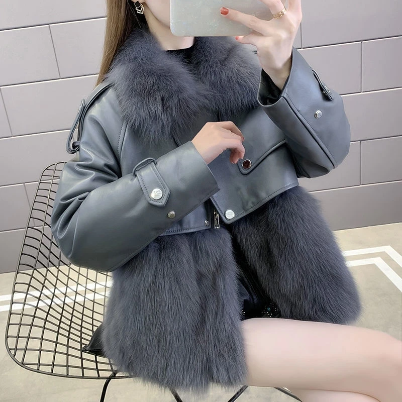 2022 New Autumn Winter Women's New Short Faux Fur Coat Patchwork Leather Jacket Slim Fashion Warm Plush Tops Famale Clothing