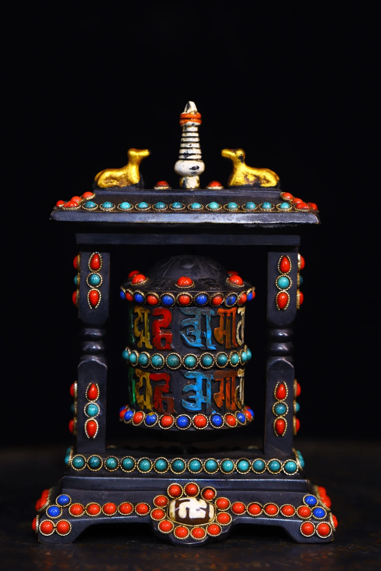 

6" Tibetan Temple Collection Old Bronze Painted Mosaic Gem Dzi Beads Six Character Proverbs prayer wheel chanting Dharma Amulet