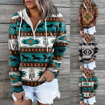 Women Ethnic Hoodies Sweatshirt Autumn Winter Warm Long Sleeve Casual Zip Hooded Pullovers Tops Female Vintage Aztec Folk Blouse 1