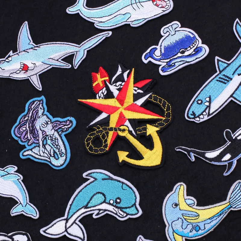 

Sailor Pirate Ship Embroidery Patch Clothing Thermoadhesive Patches for Clothes Sewing Van Gogh Water Waves Shark Dolphin Badges