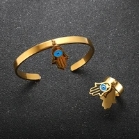 luxury trendy jewelry set for women men large palm charm blue eye bracelet open cuff bangle adjustable eyeball rings party gift